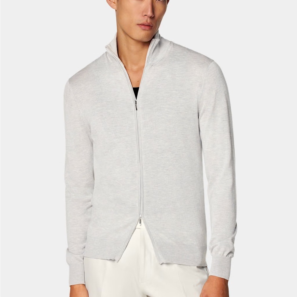 Suitsupply Light Grey Zip Cardigan Silk Wool Cashmere, Size Medium